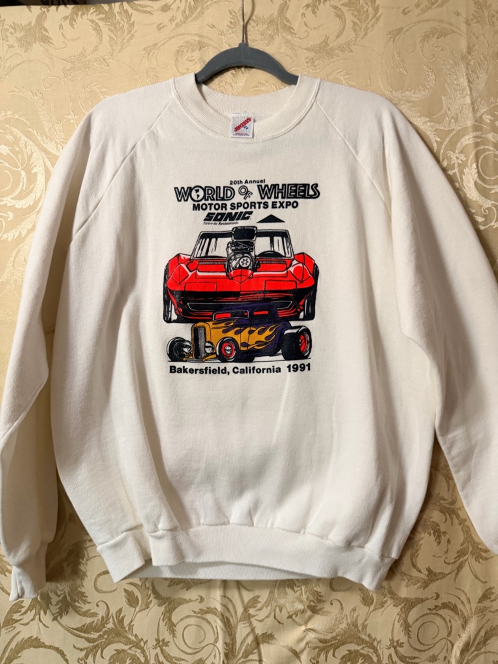 Jerzees Cream Crewneck Sweatshirt with Red & Yellow Car Graphic